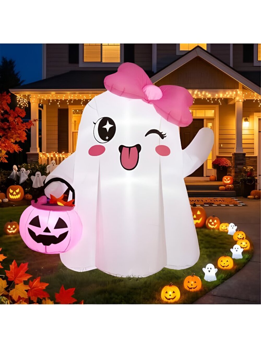5FT Cute Halloween Inflatables, Ghost Blow Ups Outdoor with Pink Bow
